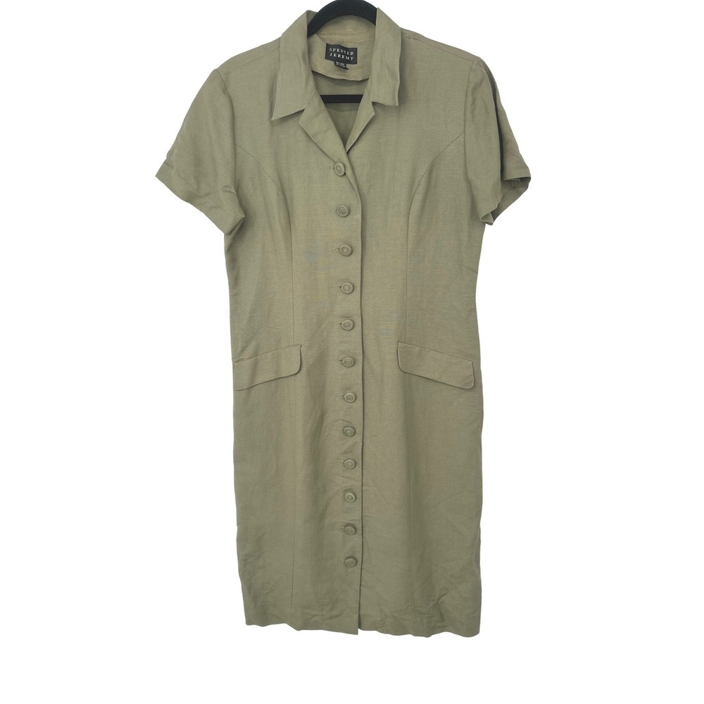 Spenser Jeremy Midi Dress 12 Green Linen Blend Button Safari Coastal Earthy